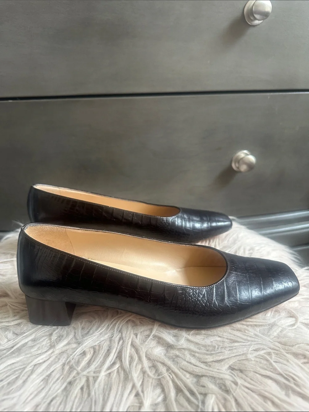 Salvatore Ferragamo Black Croc-Embossed Square-Toe Flats